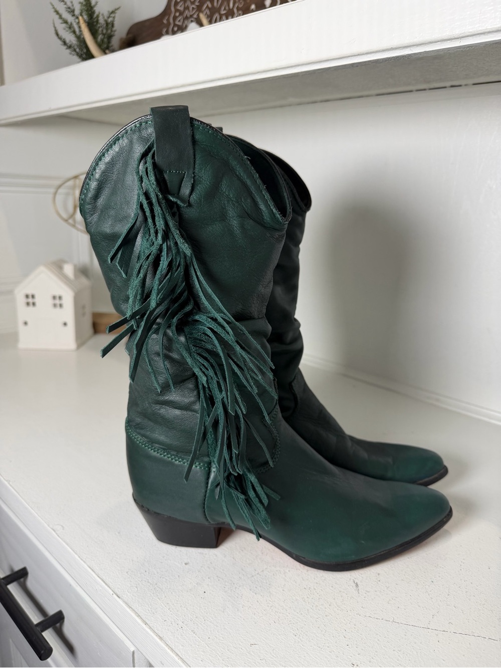 Vintage Dingo Womens 6.5M Forest Green Leather Fringe Cowboy Boots Tall Western - Picture 5 of 9